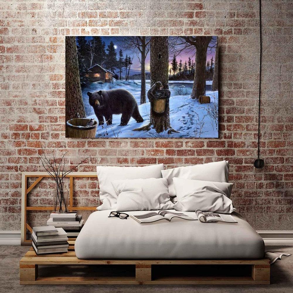 Black Bears Winter At Night 1 Piece HD Multi Panel Canvas Wall Art Frame - Original Frame