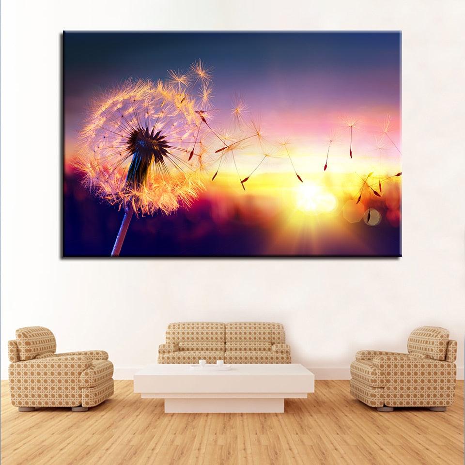 Beautiful Sunset Dandelion Canvas Paintings - Original Frame