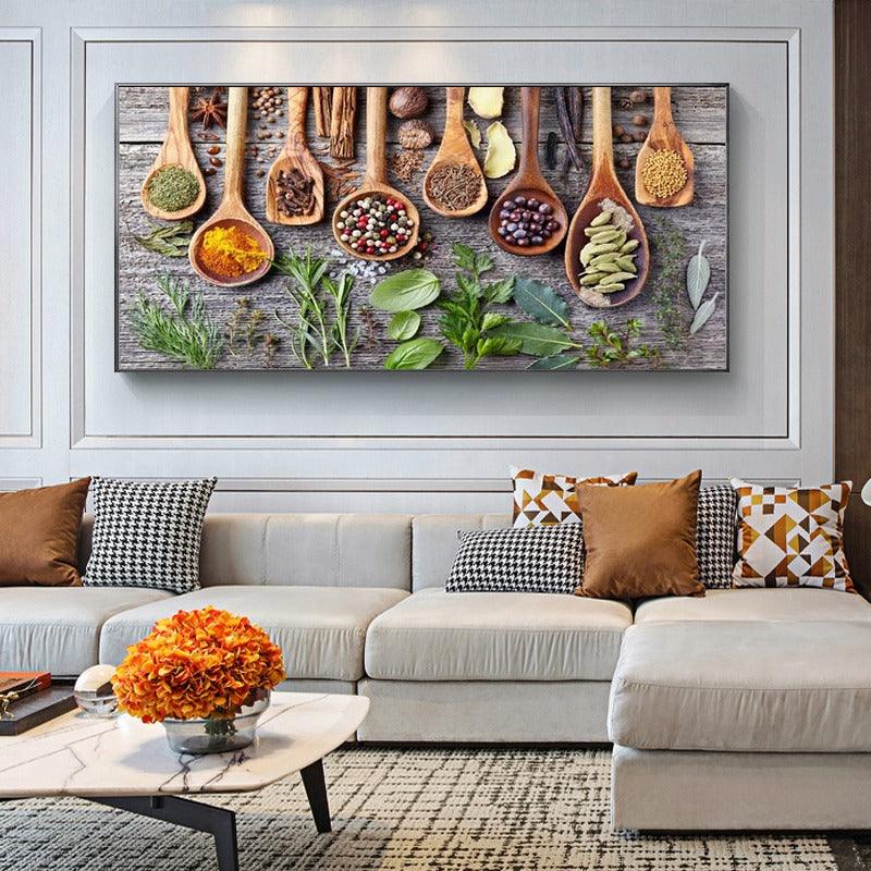 Spices And Greens On The Table Canvas Paintings - Original Frame