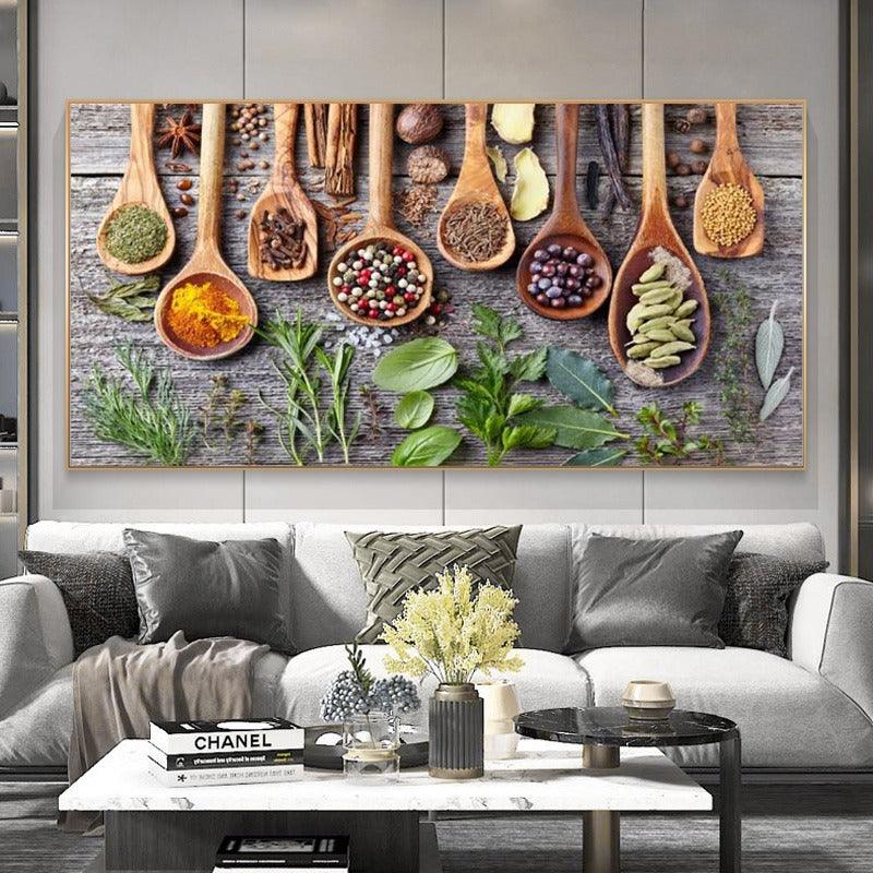 Spices And Greens On The Table Canvas Paintings - Original Frame